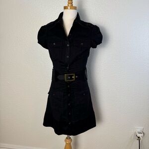 Womens Sz XSmall Black Button down mixed fabric satin/cotton cap sleeve dress